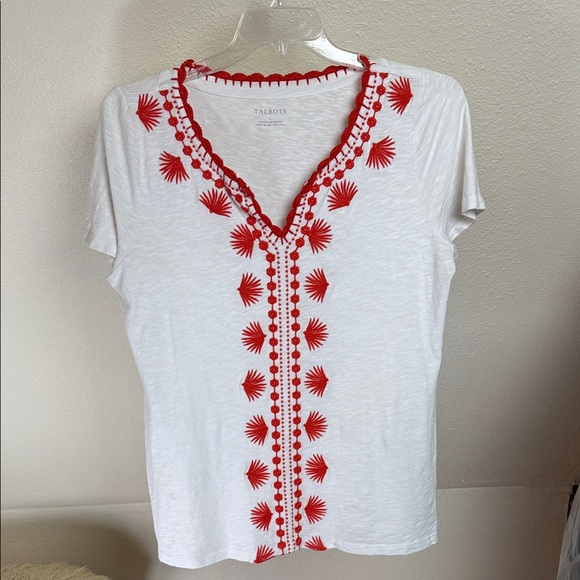 Talbots Tops - TALBOTS White and Orange Embroidered top with short sleeves. Size Large